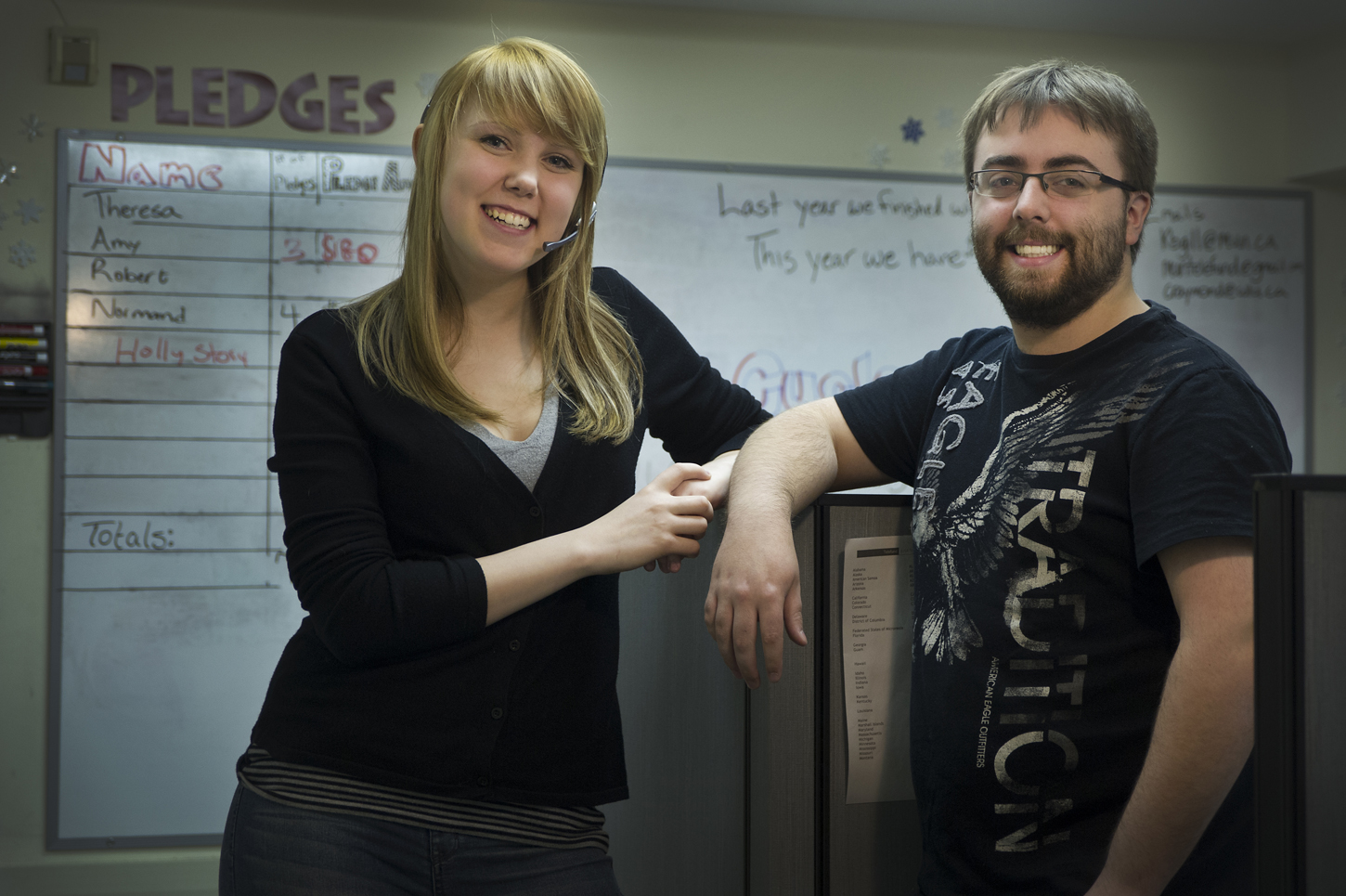 Holly Story and Robert Badcock, members of Memorial's Telefund calling program