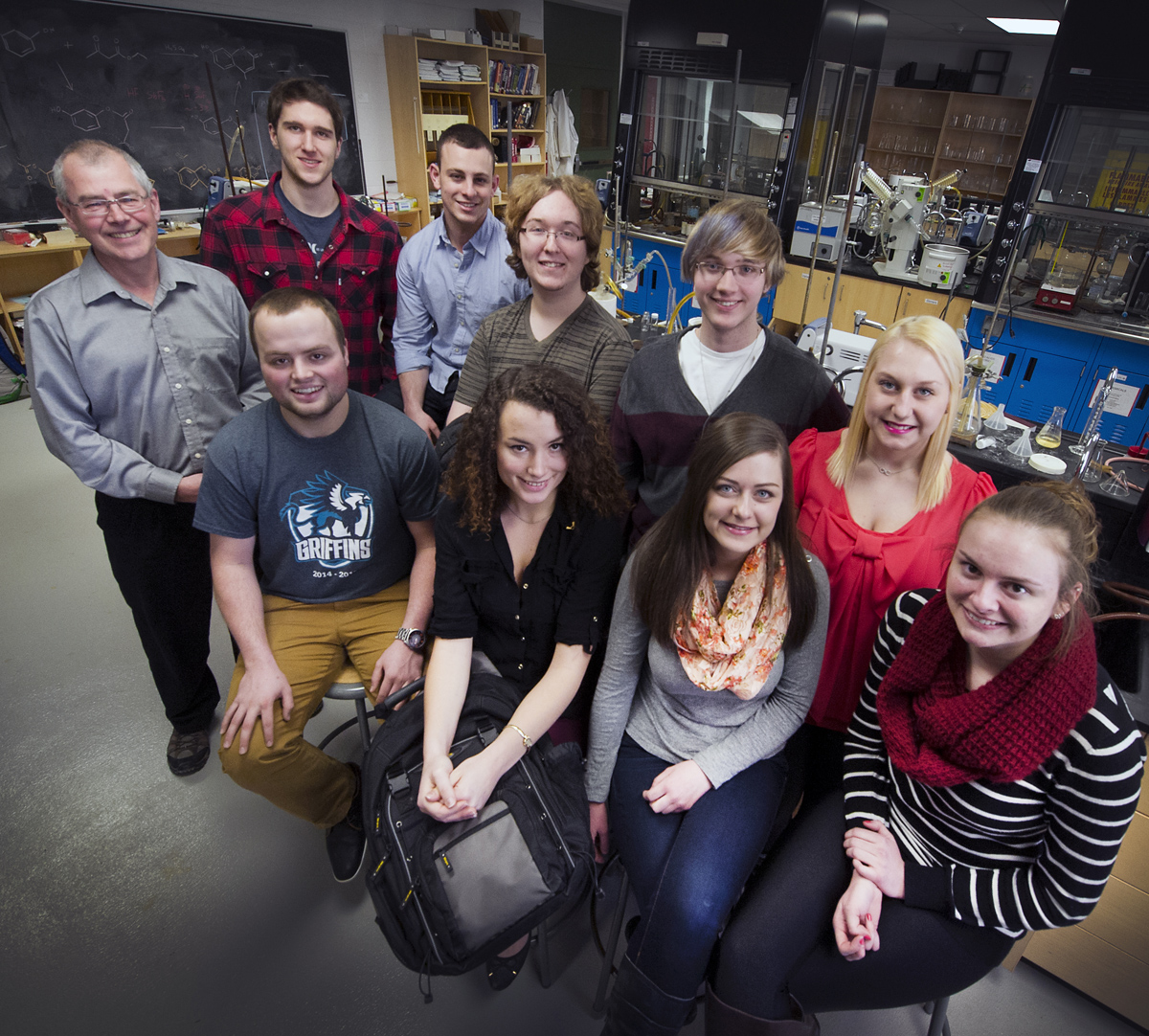 The first cohort of recipients of Dr. Hugh Anderson’s scholarships in chemistry include, from left (front row): Christopher Cooze; Cayla Pinheiro; Amy Barrett; and Olivia Griffiths. From left (back row): Dr. Peter Pickup, head, Department of Chemistry; Blake Power; Garrett McDougall; Jason Sylvester; Brandon Eastman; and Melanie Snow.