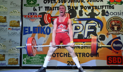 Josh Hancott, pictured here competing in the deadlift, broke four world records and was named world champion at the International Powerlifting Federation’s world championships in June. (Submitted photo)