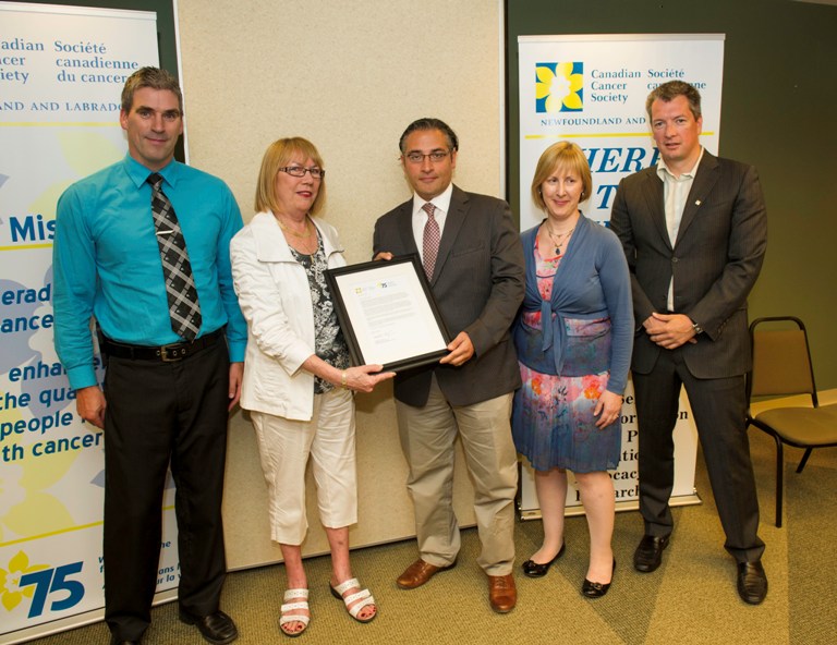 From left are Matthew Piercey, executive director of the Canadian Cancer Society N.L. division, Betty Simms, Dr. Mani Larijani, Dr. Mary-Frances Scully and Dr. Mike Woods.