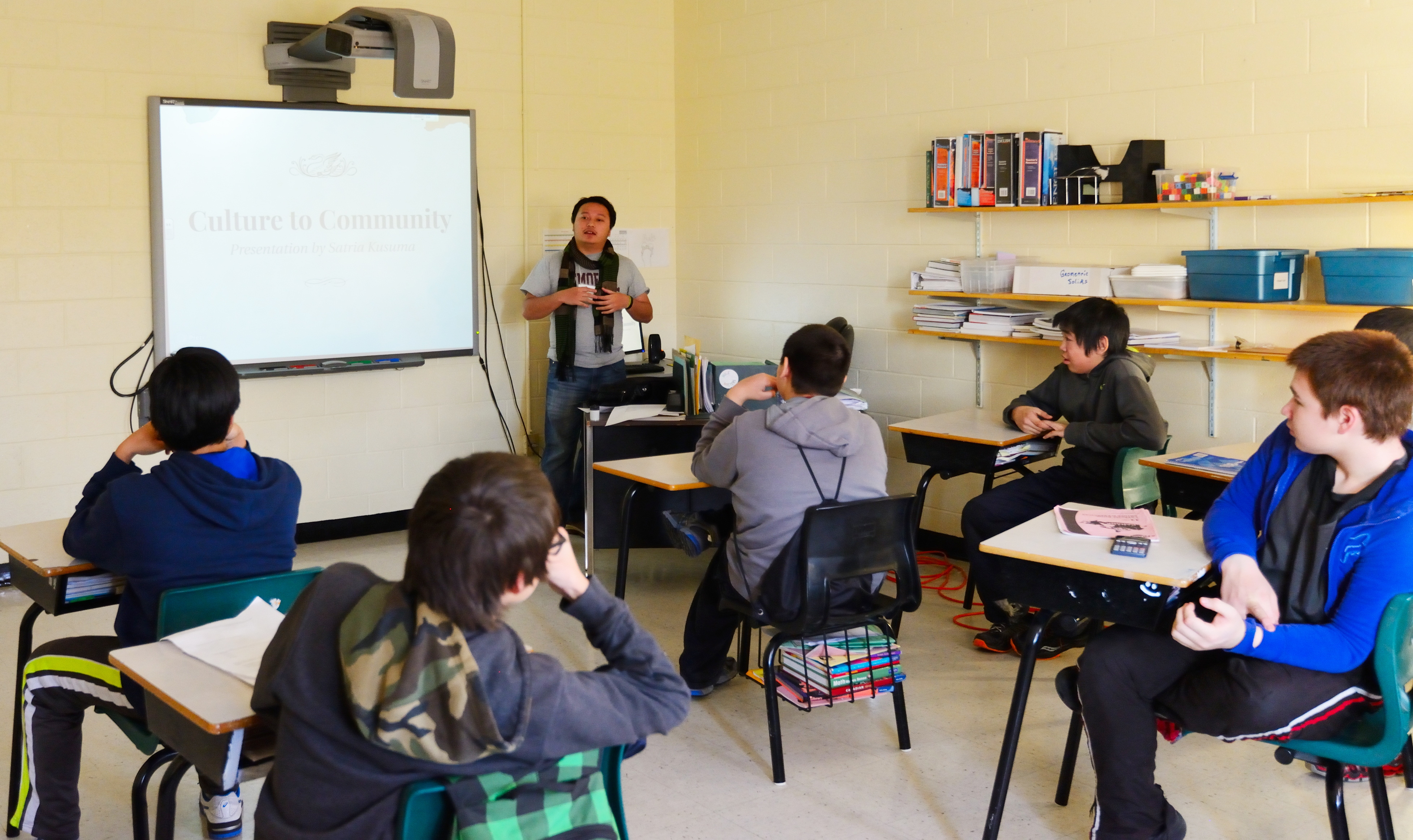 Mr. Kusama speaks with a class at Jens Haven Memorial School in Nain